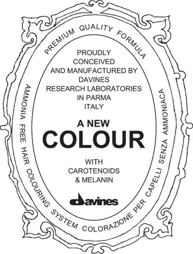 PROUDLY CONCEIVED AND MANUFACTURED BY DAVINES RESEARCH LABORATORIES IN PARMA ITALY A NEW COLOUR WITH CAROTENOIDS & MELANIN DAVINES PREMIUM QUALITY FORMULA AMMONIA FREE HAIR COLOURING SYSTEM COLORAZIONE PER CAPELLI SENZA AMMONIACA