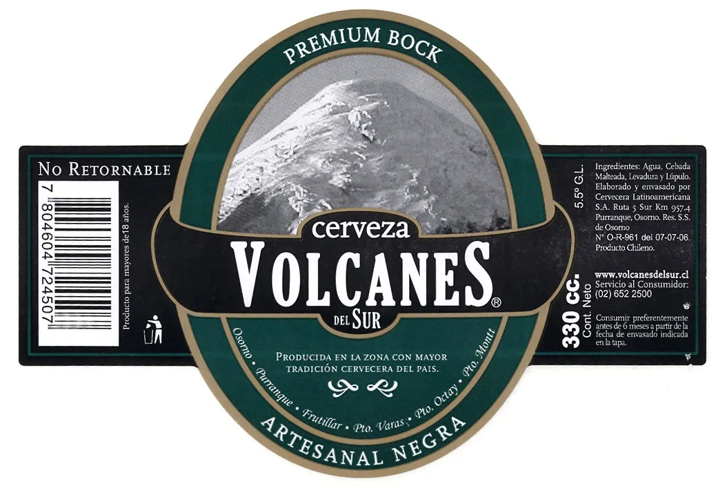 VOLCANES DEL SUR, PREMIUM BOCK, ARTESANAL NEGRA