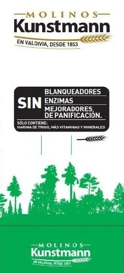 MOLINOS KUNSTMANN EN VALDIVIA, DESDE 1853 SIN BLANQUEADORES ENZIMAS MEJORADORES DE PANIFICACIÓN. SÓLO CONTIENE: HARINA DE TRIGO, MÁS VITAMINAS Y MINERALES